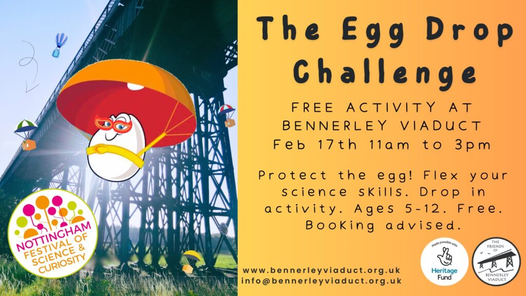 cartoon egg jumps from Bennerley Viaduct using an egg
