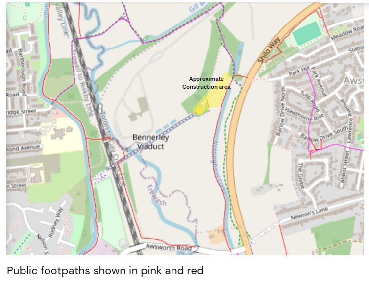 map showing public footpaths around Bennerley