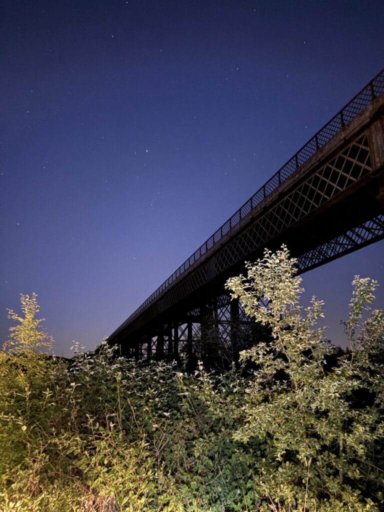A portrait of the viaduct at night.